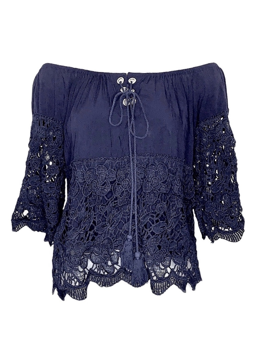 Navy Blue Lace Up Tassel Embroidered Lace Off the Shoulder Crochet Top S Boho